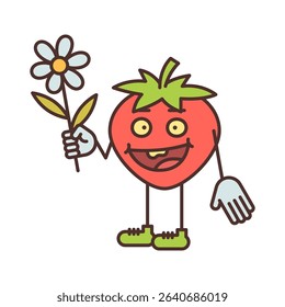 Strawberry character half turn holding flower and smiling. Vector Illustration