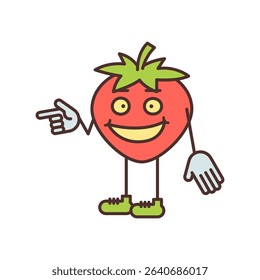 Strawberry character half turn points finger and smiling. Vector Illustration