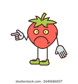 Strawberry character half turn points finger and dissatisfied. Vector Illustration