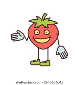 Strawberry character half turn points hand and smiling. Vector Illustration
