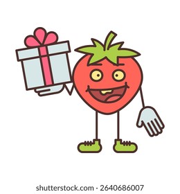 Strawberry character holding gift box and smiling. Vector Illustration