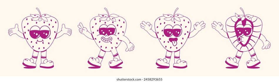 Strawberry character in linear style. Vector set of retro groovy strawberry mascots with different emotions, hand drawn arms and legs. Doodle illustration.