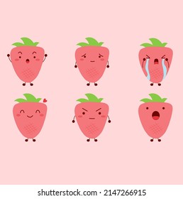 Strawberry character. Many emotions cartoon. Martial, dismal, cry, smile, happy, angry and surprised.