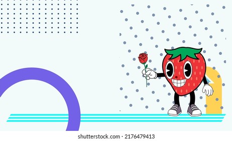 strawberry character retro cartoon style background in vector format