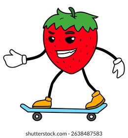 strawberry character skating illustration hand drawn isolated vector