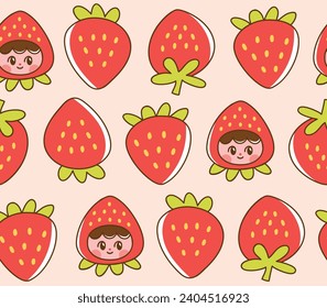 Strawberry character and strawberries seamless pattern. Vector illustration of cute girl dressed as a fruit in colorful cartoon style. Hand drawn elements.