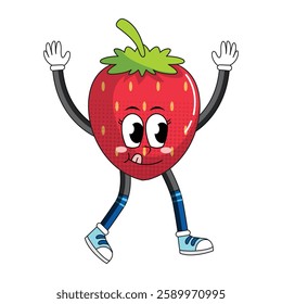 Strawberry character vector illustration on white background. Funny cartoon strawberry character