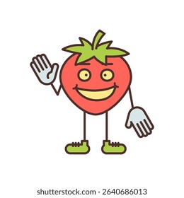 Strawberry character waves his hand and smiling. Vector Illustration