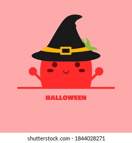 A strawberry character wearing a witch hat. Happy Halloween. Cute style strawberry character