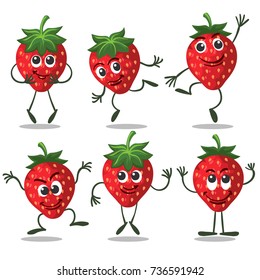 Strawberry Characters. Cute Fruit Funny Berry Cartoon Mascot On White Background, Vector Icons