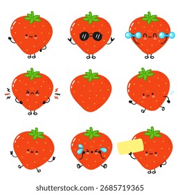 Strawberry characters showing various emotions like happy, sad, angry, surprised, cool, and actions including running and holding a note
