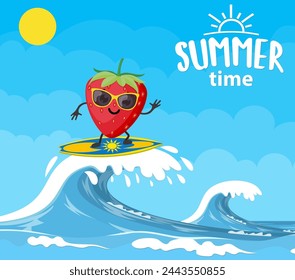 strawberry characters surfing on wave. Holidays on the sea. Beach activities. Summer time. Vector illustration in flat style