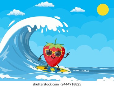 strawberry characters surfing on wave. Holidays on the sea. Beach activities. Summer time. Vector illustration in flat style