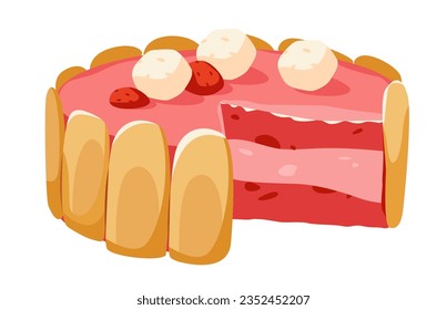 Strawberry Charlotte Cake. Cake with mascarpone cookies and strawberries. Vector illustration of a sweet dessert. Homemade cakes.