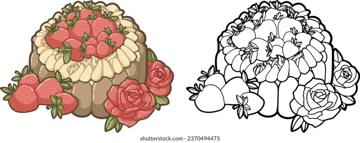 Strawberry Charlotte - outlines, contours - nice design for logo, patch,  icon, illustration for coloring books, or recipes books - kawaii and cute dessert and cake