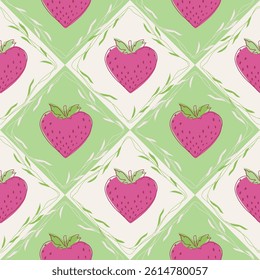 Strawberry checkered vector seamless pattern in whimsical vintage hand drawn flat style for textile design, wrapping, scrapbook paper in green and pink colors. Summer berry wallpaper background
