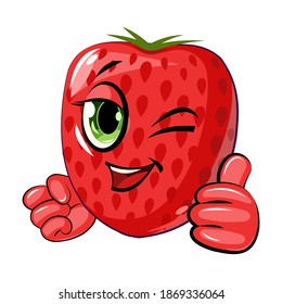 Strawberry cheerful smile. Juicy red berry with a muzzle. Cartoon style. Isolated over white background. Vector illustration. Winks.