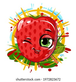 Strawberry cheerful smile. Juicy red berry with a muzzle. Cartoon style. Isolated over white background. Vector illustration. Bright summer composition against the background of the sun.Winks.