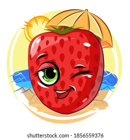 Strawberry cheerful smile. Winks. Relaxing on the beach in the sun. In the shade of an umbrella. Juicy red berry with a face. Cartoon style. Isolated on white background. Vector illustration.