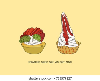 strawberry cheese cake with soft serve, hand draw sketch vector.