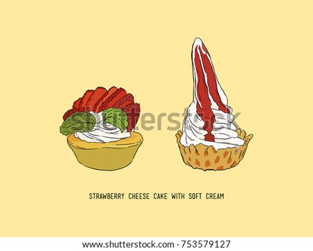 strawberry cheese cake with soft serve, hand draw sketch vector.