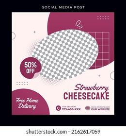 Strawberry cheesecake. Food social media post template
