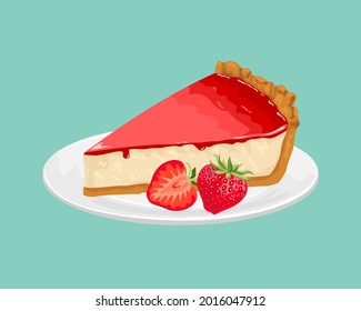 Strawberry cheesecake on a white plate isolated. Vector illustration of sweet milk berry cake in cartoon flat style.