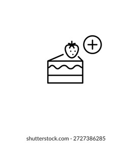Tarta de queso de fresa y símbolo plus. Añadiendo nuevos postres al menú, Mejorar de pedidos. Icono de Vector de trazo perfecto y editable