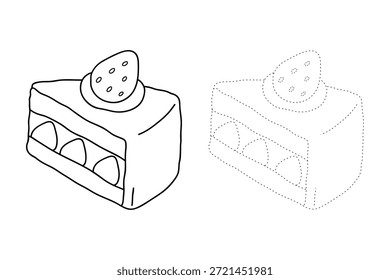 Dibujo de pastel de queso de fresa para colorear para niños. Trazo y color pastel de queso de fresa. Rebanada de tarta de queso con fresa en la parte superior de la Ilustración vectorial de estilo plano. Tarta de queso de fresa deleita el Vector.