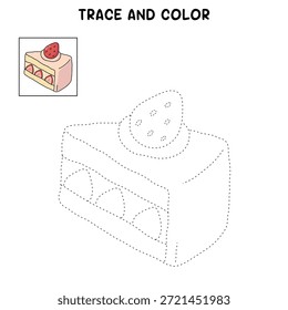 Dibujo de pastel de queso de fresa para colorear para niños. Trazo y color pastel de queso de fresa. Rebanada de tarta de queso con fresa en la parte superior de la Ilustración vectorial de estilo plano. Tarta de queso de fresa deleita el Vector.