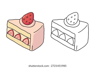 Dibujo de pastel de queso de fresa para colorear para niños. Trazo y color pastel de queso de fresa. Rebanada de tarta de queso con fresa en la parte superior de la Ilustración vectorial de estilo plano. Tarta de queso de fresa deleita el Vector.
