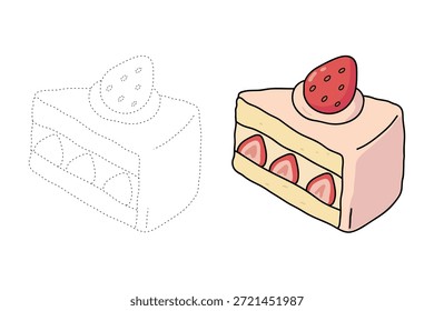 Dibujo de pastel de queso de fresa para colorear para niños. Trazo y color pastel de queso de fresa. Rebanada de tarta de queso con fresa en la parte superior de la Ilustración vectorial de estilo plano. Tarta de queso de fresa deleita el Vector.