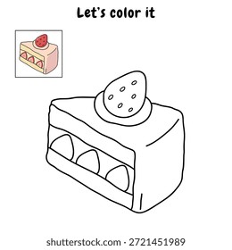 Dibujo de pastel de queso de fresa para colorear para niños. Trazo y color pastel de queso de fresa. Rebanada de tarta de queso con fresa en la parte superior de la Ilustración vectorial de estilo plano. Tarta de queso de fresa deleita el Vector.