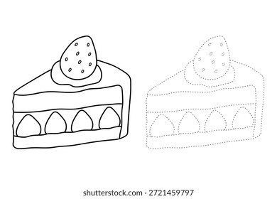 Dibujo de pastel de queso de fresa para colorear para niños. Trazo y color pastel de queso de fresa. Rebanada de tarta de queso con fresa en la parte superior de la Ilustración vectorial de estilo plano. Tarta de queso de fresa deleita el Vector. 