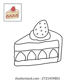 Dibujo de pastel de queso de fresa para colorear para niños. Trazo y color pastel de queso de fresa. Rebanada de tarta de queso con fresa en la parte superior de la Ilustración vectorial de estilo plano. Tarta de queso de fresa deleita el Vector. 