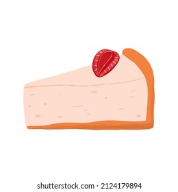 Strawberry cheesecake slice with fruit topping in hand drawn cartoon style. Isolated vector clip art illustration.