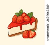 Strawberry cheesecake slice with topping and mint leaves on beige background. Vector flat illustration.