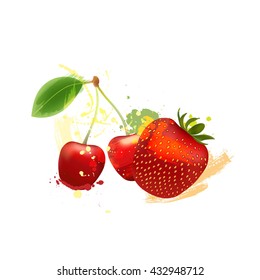 Strawberry and cherries. Creative vector illustration of red berries for different projects, bar menu, juice package.