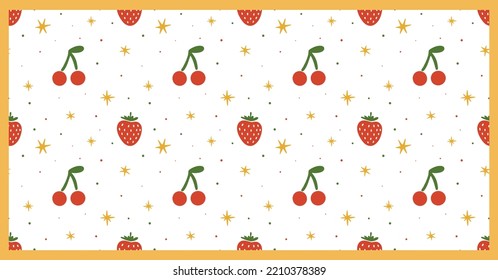 Strawberry Cherries Cute Seamless Pattern Fruit Boho Adorable Illustration 