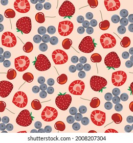 Strawberry, cherry and blueberry seamless pattern design