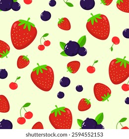 Strawberry, cherry and blueberry seamless pattern. Fruit cartoon illustration. Can be used for wallpaper, backdrop, fabric fashion, paper wrapping.