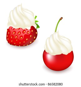 Strawberry And Cherry With Cream, Isolated On White Background, Vector Illustration