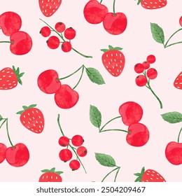 Strawberry, cherry and currant pattern. Seamless summer background with watercolor red berries