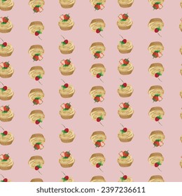 Strawberry and cherry custrad pie delicious seamless pattern