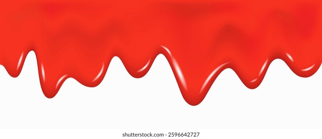 Strawberry, cherry dripping sweet jam background. Red glaze, syrup, cream, jelly or paint drip. Blood flowing splashes texture. Tomato sauce, ketchup border. Flow liquid lipstick. Realistic 3d vector.