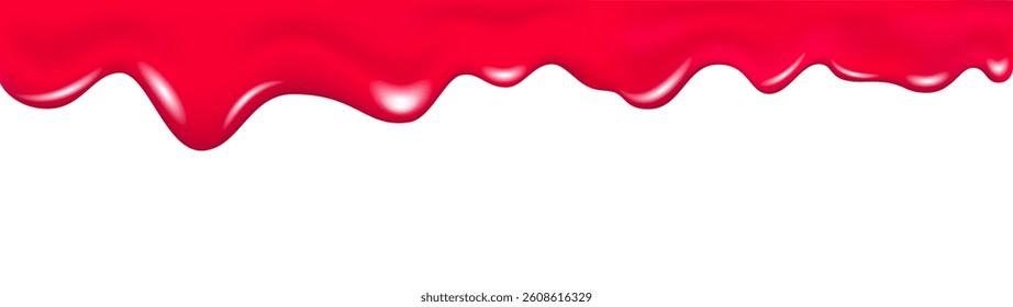 Strawberry, cherry dripping sweet jam background. Red glaze, syrup, cream, jelly or paint drip. Blood flowing splashes texture. Tomato sauce, ketchup border. Flow liquid lipstick. Realistic 3d vector.