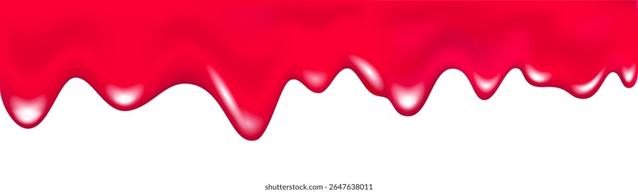Fondo de mermelada dulce goteando fresa y cereza. Glaseado rojo, jarabe, crema, gelatina o goteo de pintura. La sangre que fluye salpica la textura. Salsa de tomate, borde de ketchup. Flujo de lápiz labial líquido. Vector 3D realista.