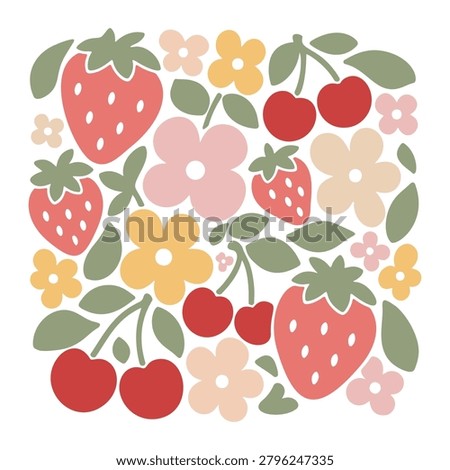 Strawberry cherry floral pattern.Flat vector illustration.	