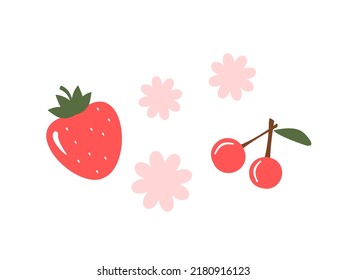 Strawberry, cherry and flower isolated on white background vector illustration.