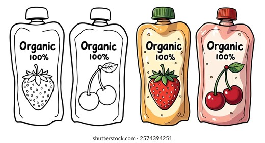 Strawberry and Cherry Food Pouches Line Art Vector Illustration Black and White with Coloring Sample. Bold and Easy Food, Fruits, Sweets, Drinks, Dessert, and Snacks Coloring Pages for Adults and Kids